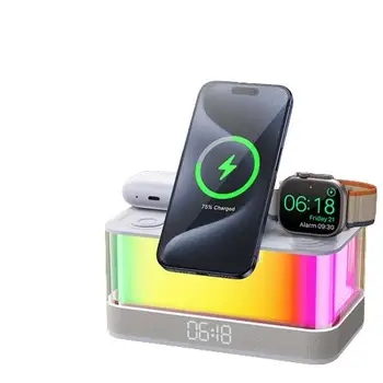 15W Bedroom RGB Night Light Alarm Clock Mobile Phone Holder Multifunctional 6.1 Wireless Charger BT Speaker 10W