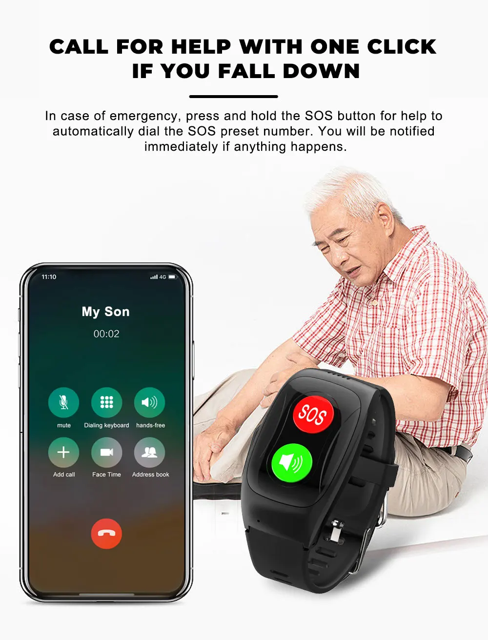 4g Elderly Wearable Device Fall Detection Emergency Call Alert Smart