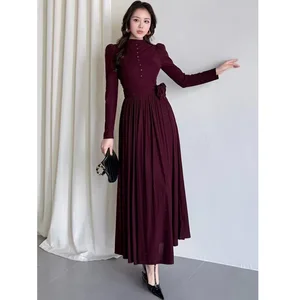 Factory Wholesale Cross-border Elegant Vintage Knitting Dress Women's Slim-fit High Elastic High Waist Long Sleeve Party Dress
