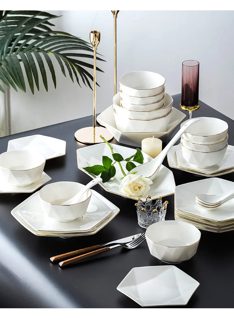 Chinese Factory Price Dish Set Custom Hexagonal White Food Plates Dinnerware Tableware with Gift Box