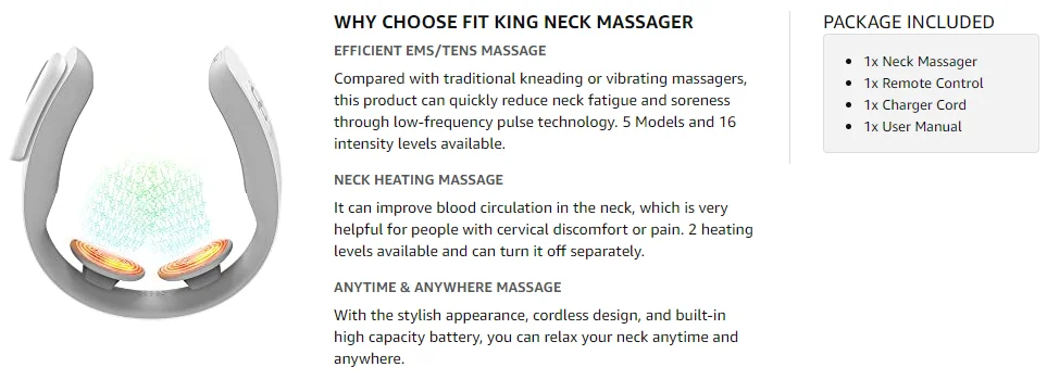 FIT KING Neck Massager with Heat,Fatigue and Pain Relief,TENS Intelligent Neck  Massager Cordless and