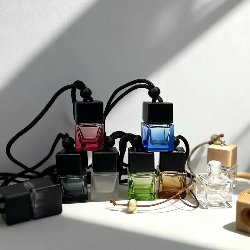 Gradient Colorful 8ml Glass Square Shaped Car Perfume Bottles Empty Diffuser Liquid Air Freshener Hanging Car Diffuser Bottle
