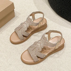 New Wholesale Trendy Large Size Lady Roman Beach Rhinestone Upper Wedge Heel Sandals Women's Shoes