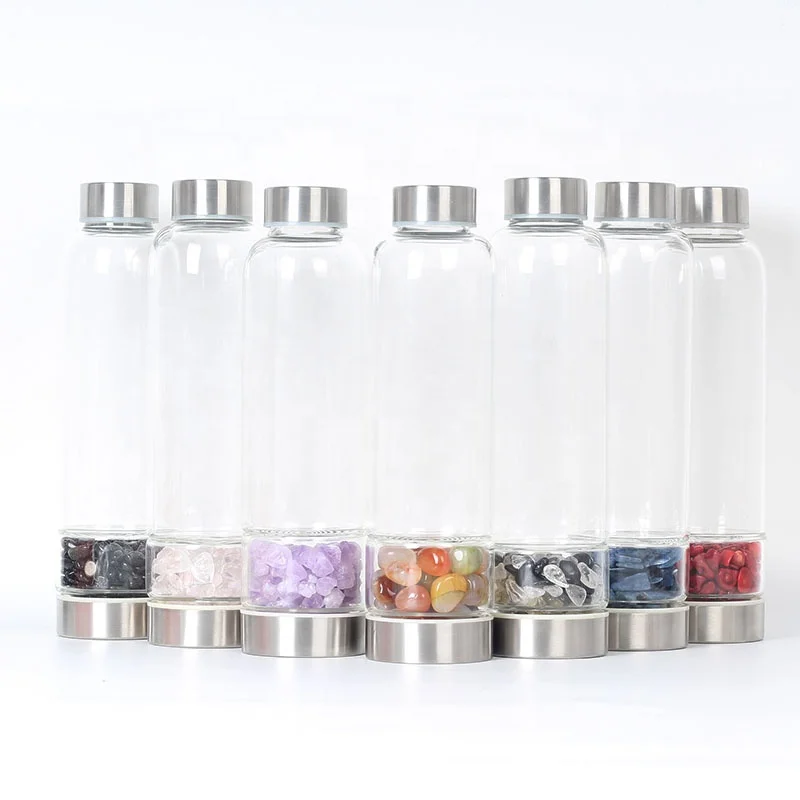 Wholesale Natural Quartz Gravel Infused Glass Drinking Crystals Healing Stones Water Bottle