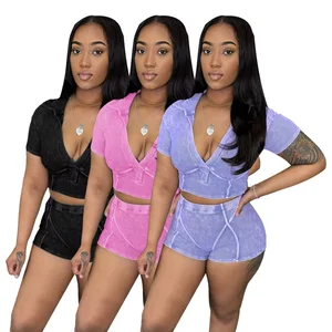 JY  Wholesale Summer Women's Two Piece Shorts Set Deep V-neck Short Sleeve Crop Tops Shorts Suit 2 Pieces Outfit Women