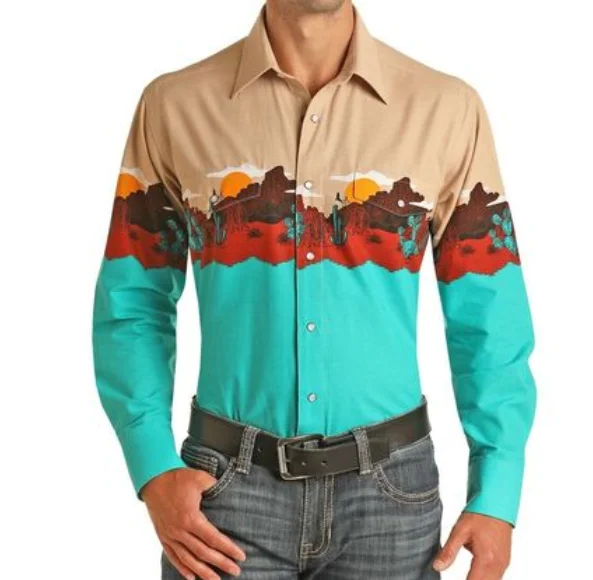 Lässiges Retro-Herren-Langarm-Stehkragenhemd im amerikanischen Western-Denim-Stil, individuell, personalisierbar, bedruckt114_voghion.com
