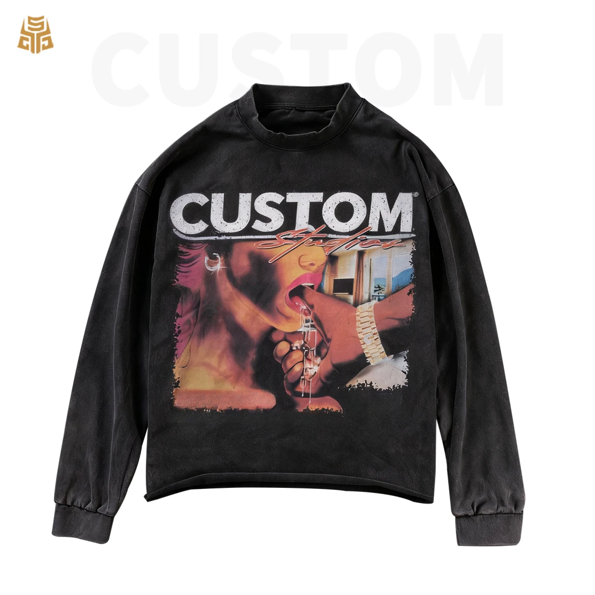 280gsm Vintage Acid Wash Sweatshirt for Men Custom Sweatshirt 100% Cotton Hoodies with Digital Printing Design Oversized Fit