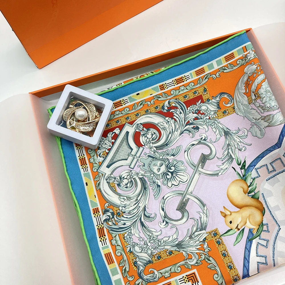 High-end Custom Printed Handmade Twill Hand Roll Hem Silk Square Scarf With Silk Scarf Packaging Boxes