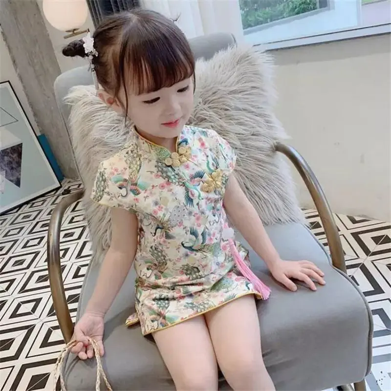 Vestido cheongsam de gaze estilo chinês infantil, traje nacional da menina, roupas  kawaii, roupas fofas, outono - AliExpress