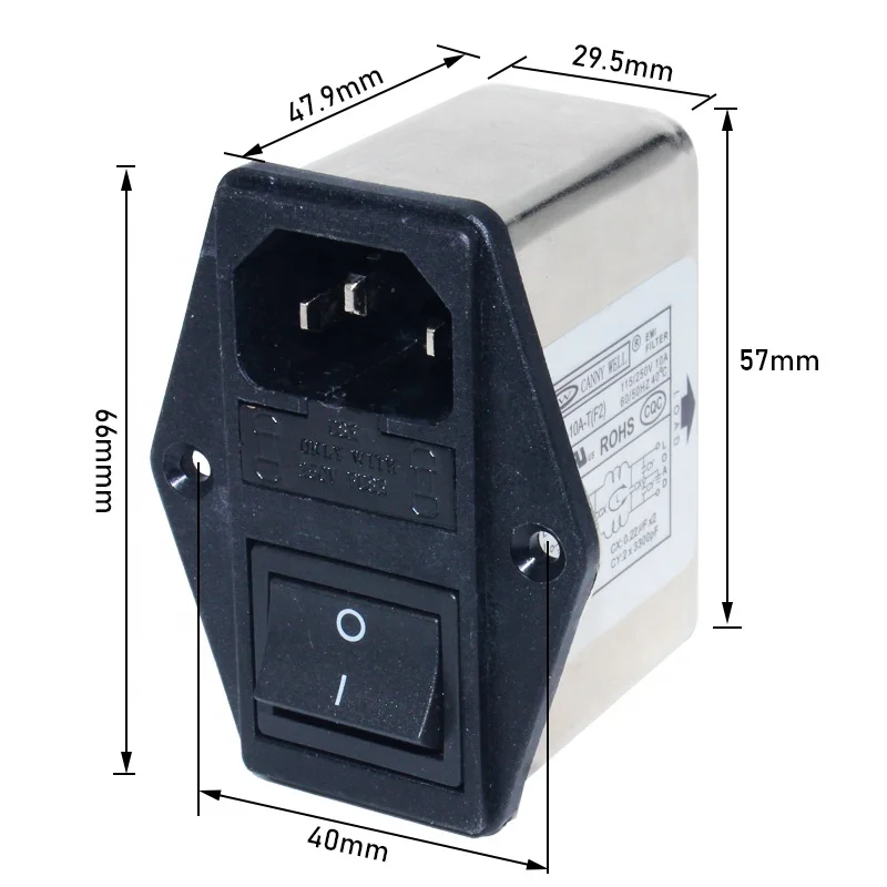 Industrial EMI Double Fuse Holder with Rocker Switch and 10A Socket Plug Filter for Industrial Applications