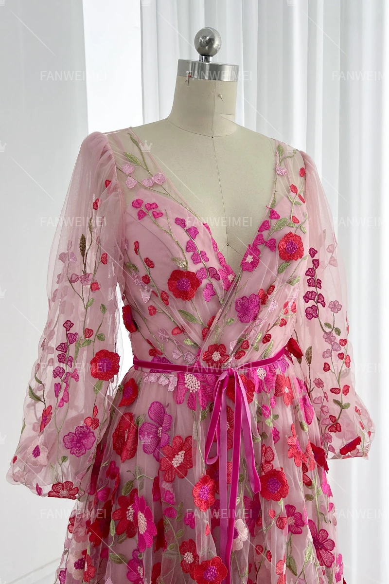 High Quality A-line Red Embroidered Flower V-neck Women's Evening Party Dress With Long Sleeves Tea-length Wedding Gown