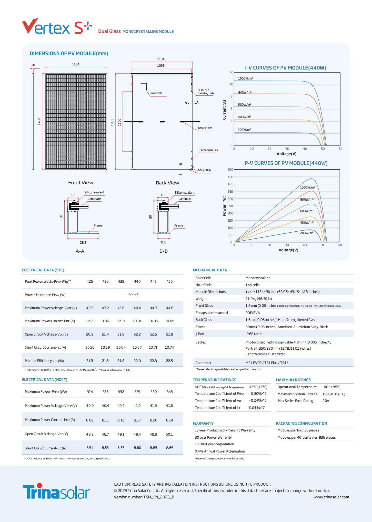 Trina Solar Pv Module Vertex 435 445 440w Neg9r.28 S+ Dual Glass Black ...
