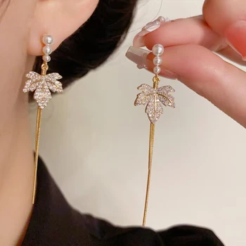 Personalised Fashion Zirconia Maple Leaf Long Tassel Earrings Gold-plated Jewellery for Women's Weddings