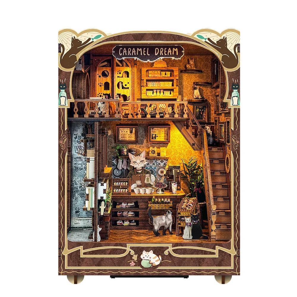 CAYI Caramel Dream Book Nook Miniature House with LED Light Diy Bookends Dollhouse 3D Wooden Puzzle Doll House Puzzles for kids