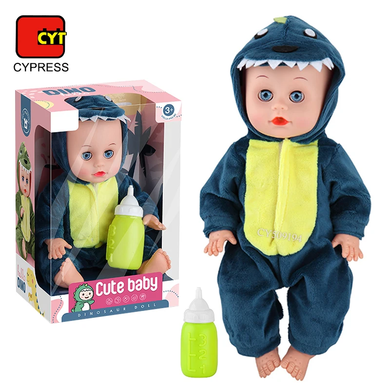 Realistic 12 Inches Vinyl Soft Body Baby Doll Toys With Dinosaur Clothes and Bottle for Kids