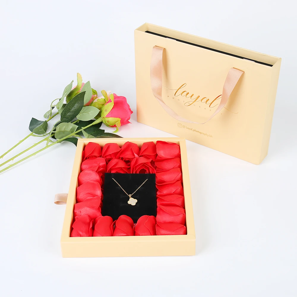 Custom Valentine's Day Gift Box Specialty Paper Jewelry Packaging Drawer Box with Ribbon Handle Rose Soap Rigid Box for Necklace manufacture