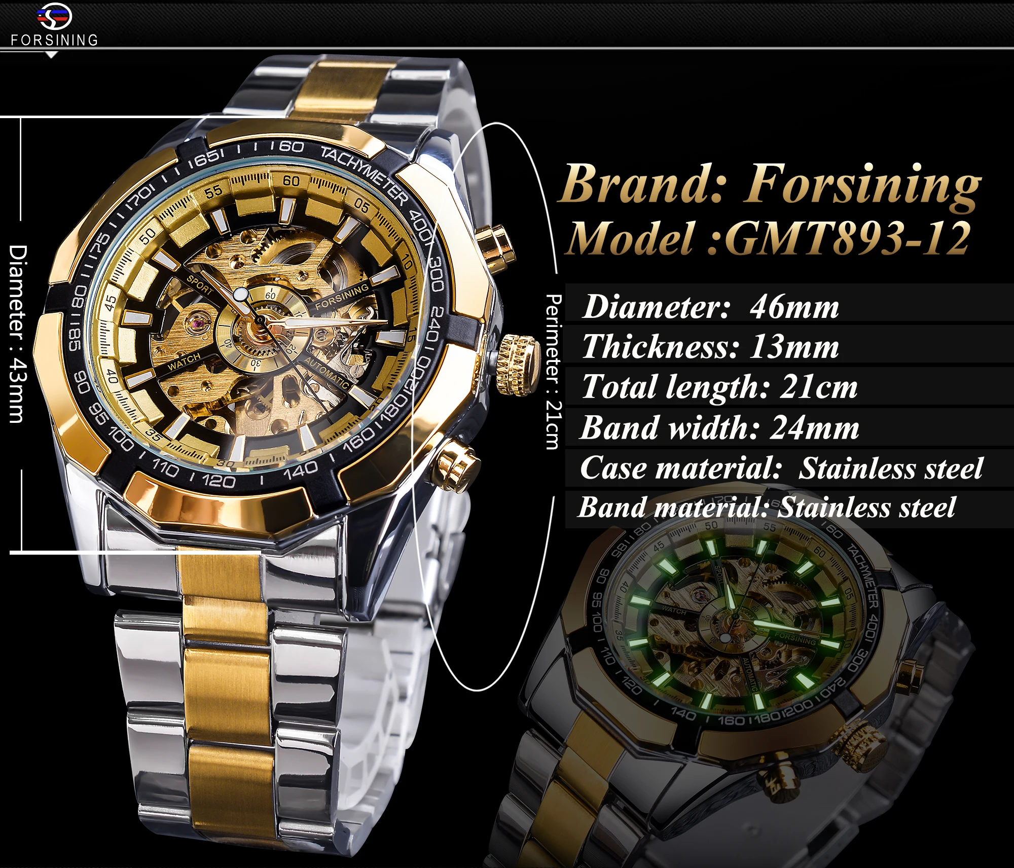 Forsining Men Skeleton Automatic Watch Gold Skeleton Mechanical Man Big  Watches Mens Vintage Luxury Stainless Steel Wristwatches