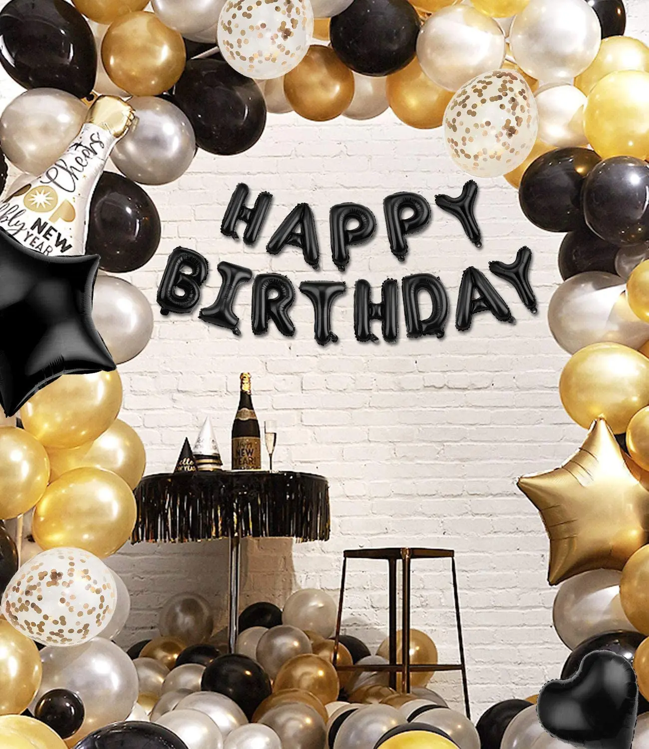 Black and Silver Birthday Party Decorations for Men Women Boys Girls Happy Birthday Banner Balloons Foil Fringe Curtains Black and White Party