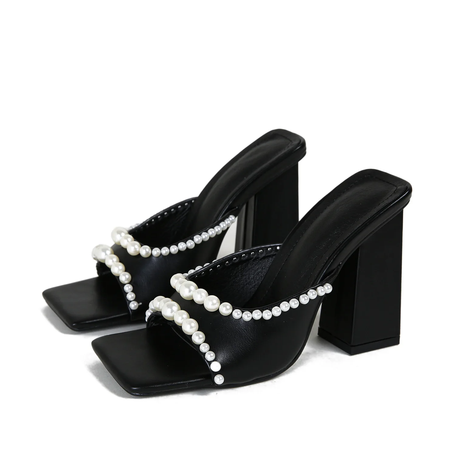 2024 Fashion Square Toe Classic Sandals And Slippers Black Pink Chunky Heel With Pearls Women High Heel Shoes - Image 1