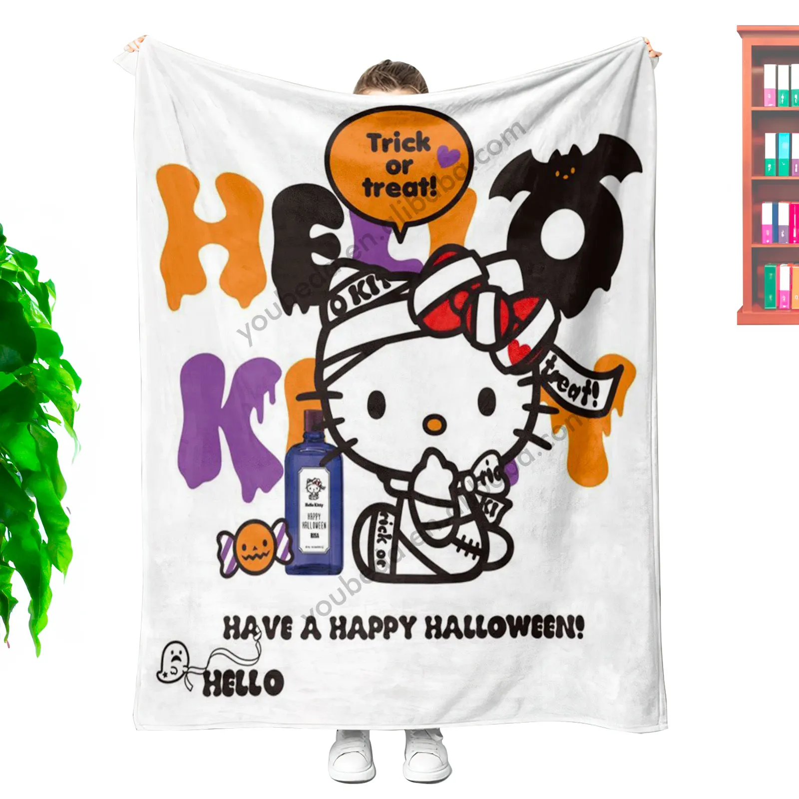 Minimum Cost Wholesale Custom Printed Designer Senrio Kids Cartoon HK Kitty Cat Character Halloween Soft Plush Throw Blanket