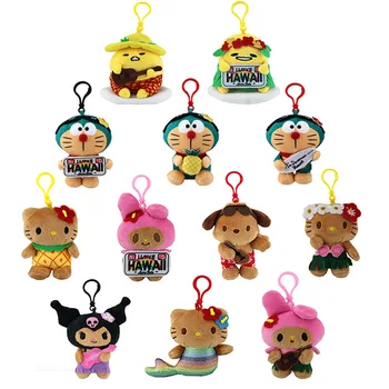 Cartoon Cute Hawaii Beach Series Plush Keychain Stuffed Black Hello KT Cat Surfing Plush Pendant Keychain Doll