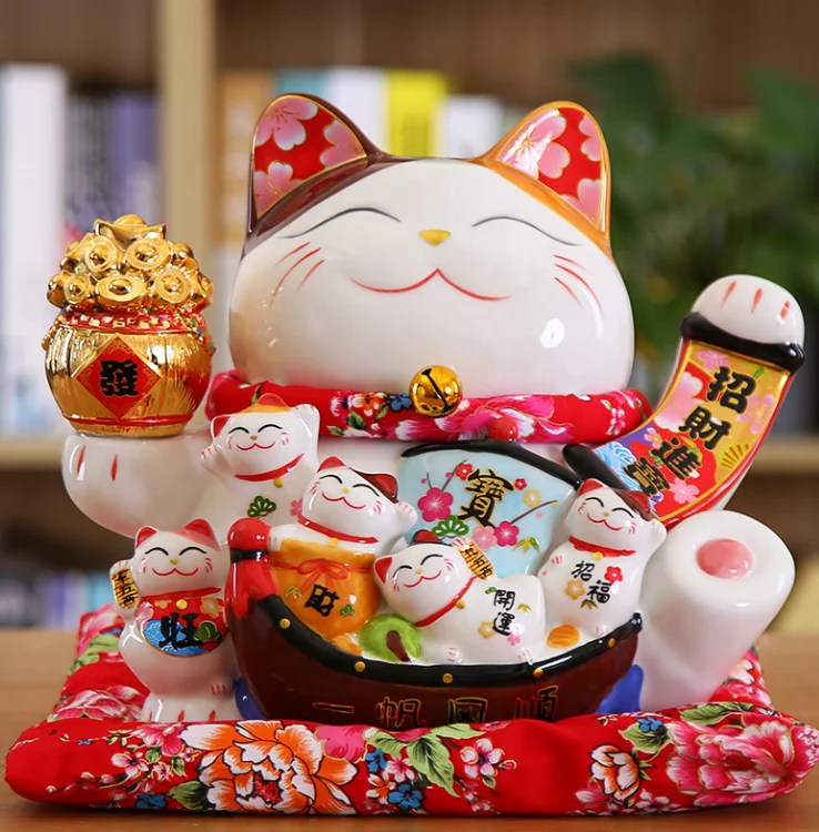 New Year Custom LOGO Porcelain 11 Inches Large Big Size Wealth Waving Hand  Ceramic Lucky  Fortune Cat Coin Piggy Bank
