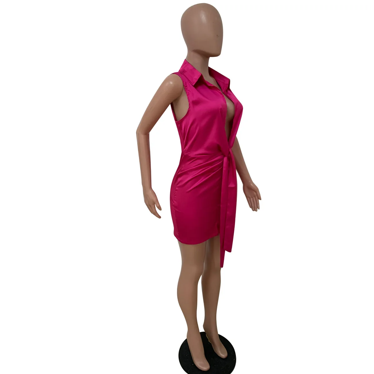 2022 New Satin Mini Dress Hot Pink Casual Silk Dresses Women Ladies Elegant  Deep Open Sleeveless Bodycon Club Summer Dresses