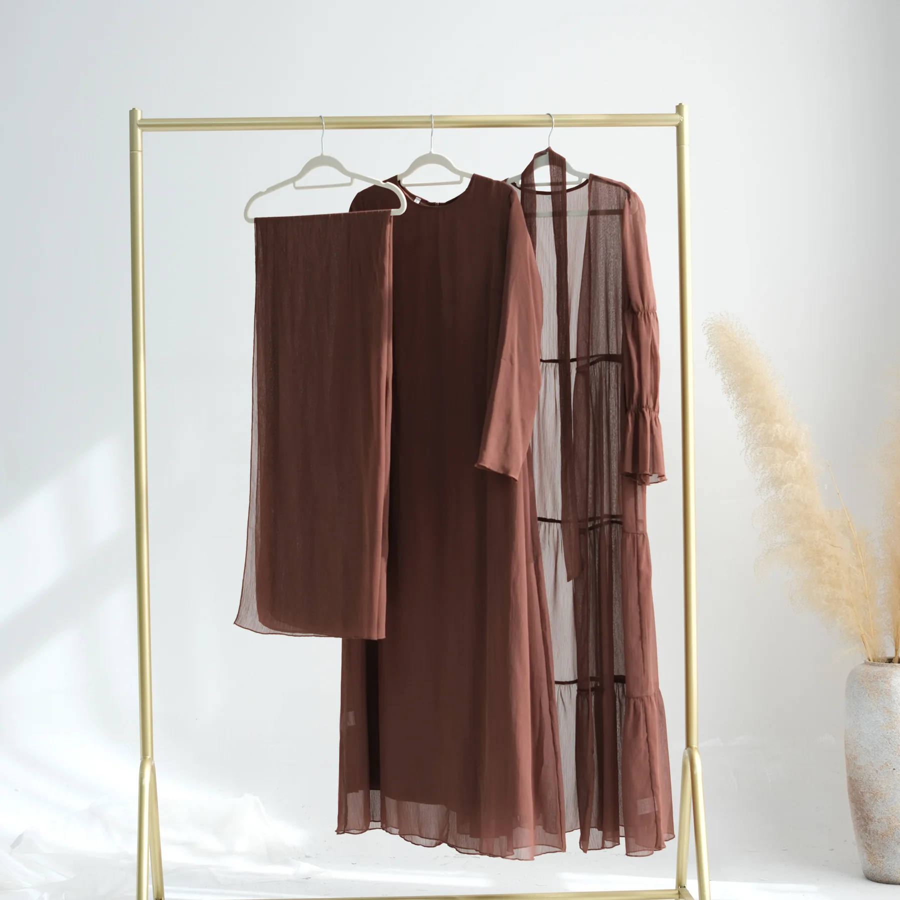 2025 Modest Robe Elegant Chiffon Open Abaya Kimono 3 Pieces Abaya Inner Dress and Hijab Set for Special Occasion