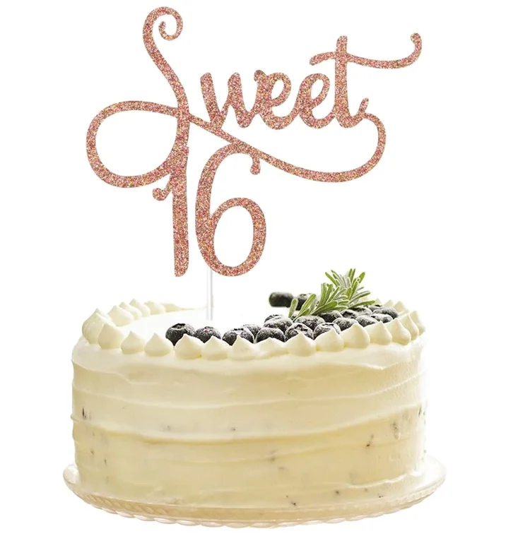 Decoración para tarta de 16 cumpleaños de acrílico con purpurina dorada 