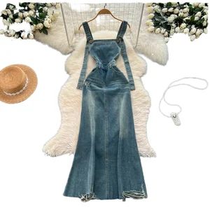 Customize Autumn Vintage Casual Maxi Dress for Women Empire Denim with Hole Detail Woven Fabric Breathable Sustainable Washable