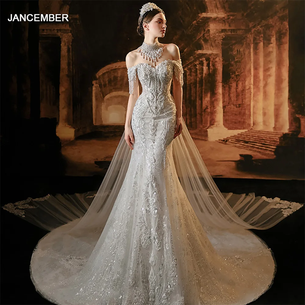 Shiny Wedding Bride Dress Mermaid Off the Shoulder Strapless Fringed  Dropped Sleeves Sequined Elegant Bridal Gowns LSMX011