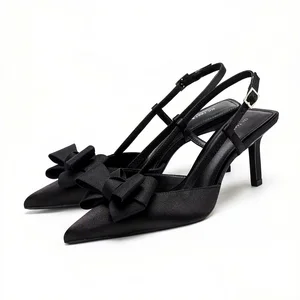 1208-35 Wholesale Custom Black Satin Pointed Toe Bow Women High Heels Summer Thin Heeled Sandals Slingbacks Sandals for Ladies
