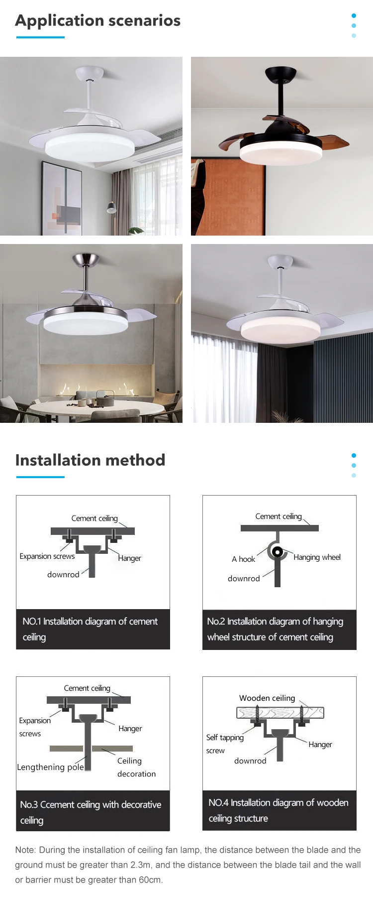 Unique Design 6 Speeds Adjustable Remote Control Retractable Invisible Modern Ceiling Fan