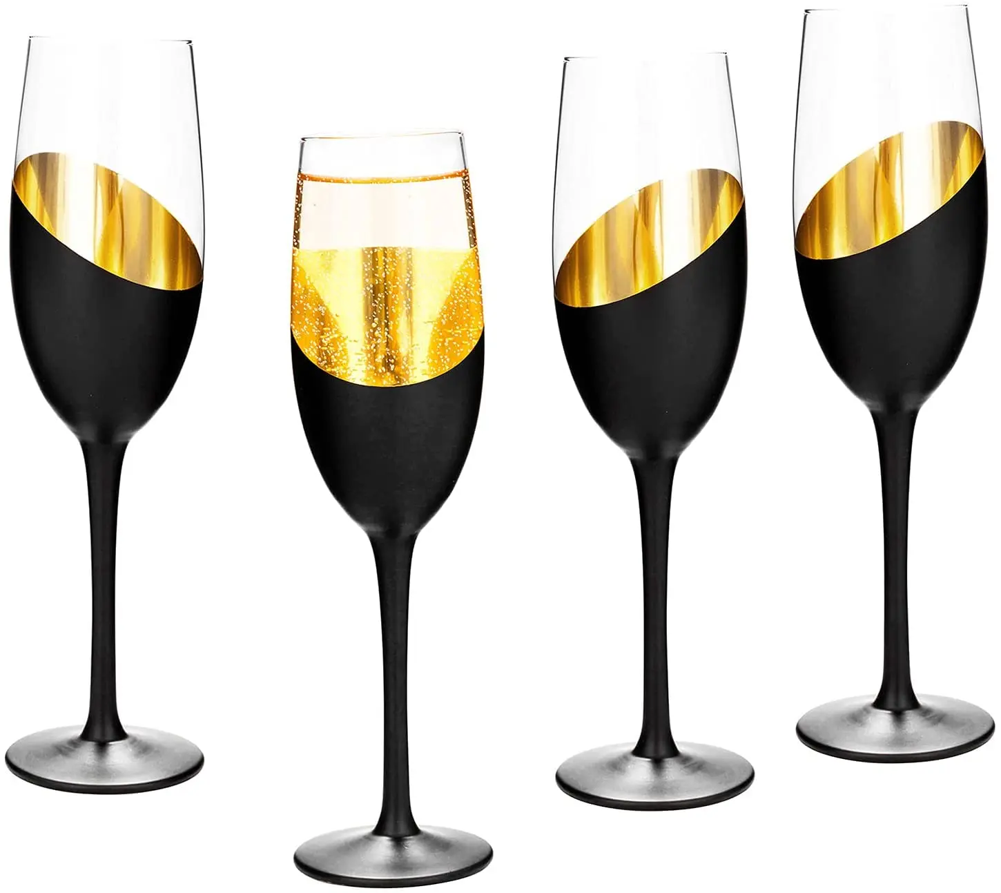 Stemmed Champagne Flute Glasses with Matte Black and Gold Plated Design, 8 oz, Set of 6