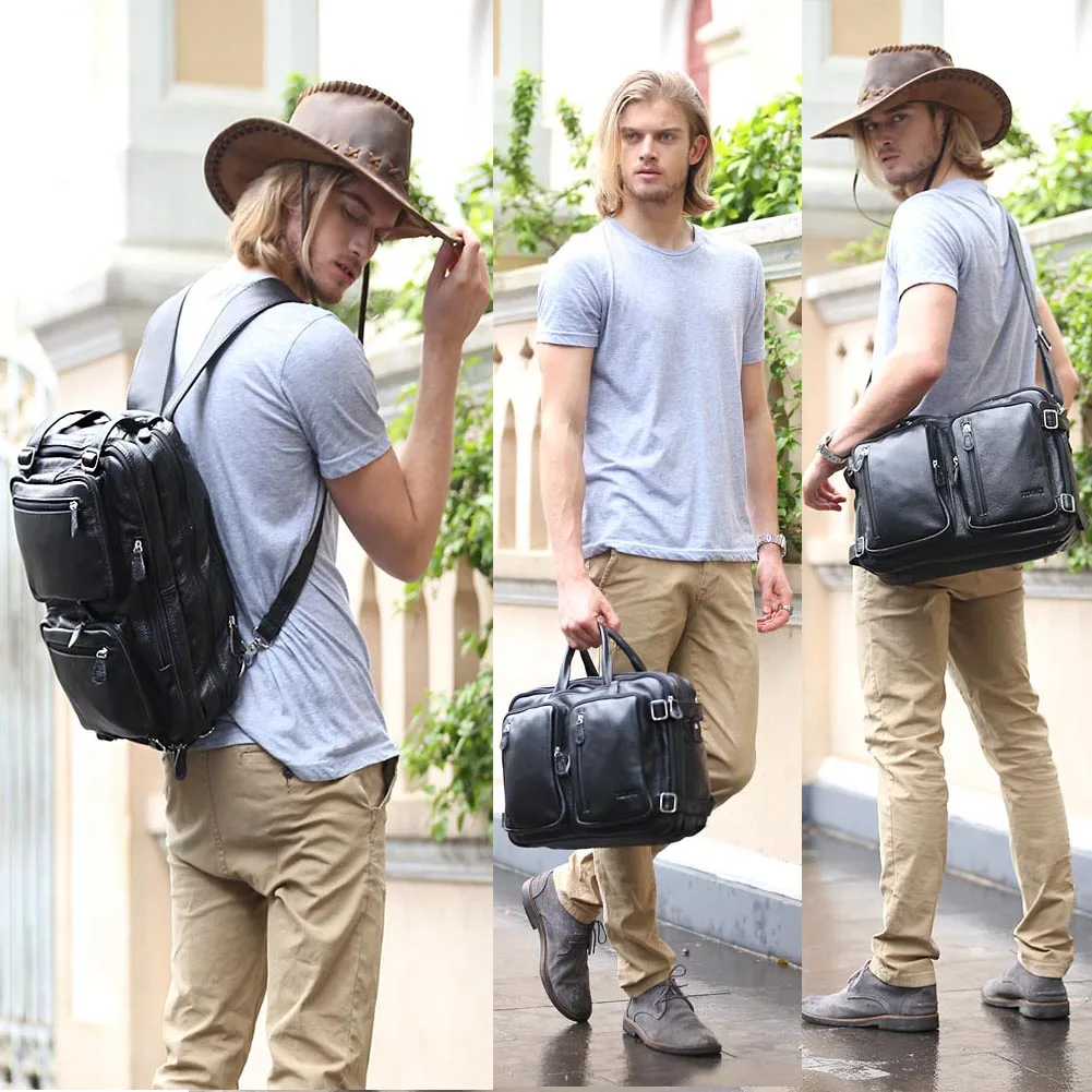 Custom Business Black Top Grain Soft Genuine Leather Laptop Knapsack Cowhide Briefcase Backpack Convertible