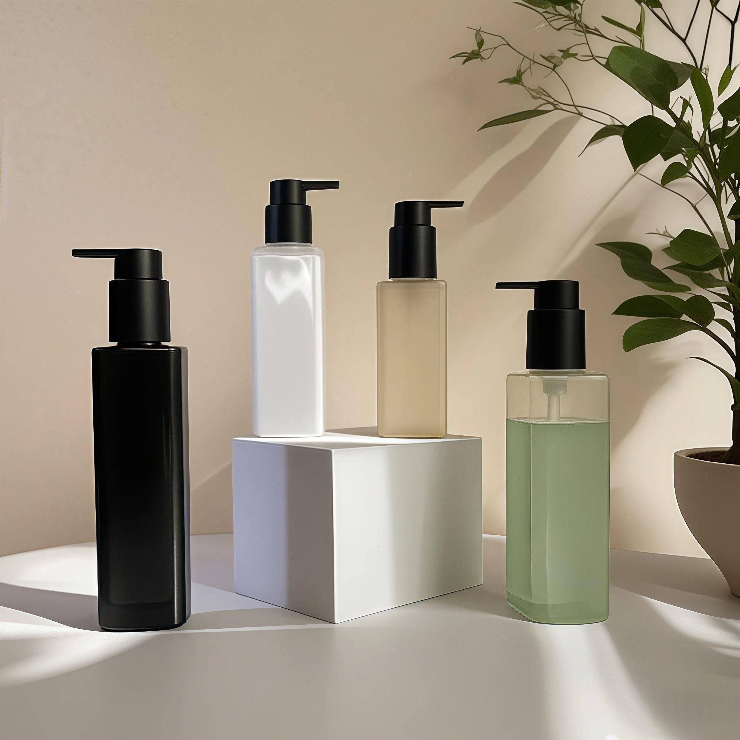 PET Plastic Square Bottle with Press Pump Sealing for Cosmetic Personal Care Packaging in Custom Colors