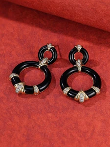 Gift-Worthy Elegant Zircon Clip-on Earrings Original Design Circular Enamel Earrings Trendy Platinum Plated Brass Women's