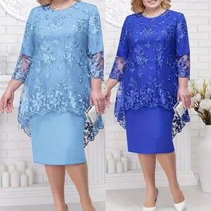 Trendy Summer Party Dresses O-neck High-waist Embroidery Lace 3/4 Sleeve Evening Midi Dress for Women Elegant Casual Dresses