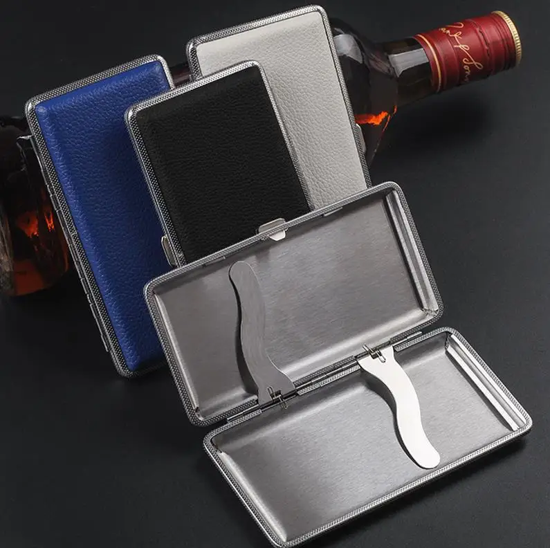 reusable cigarette case 120mm Portable Reusable Stainless Steel Cigarette Case Box PU Leather with  Metal Clip Convenient Holder