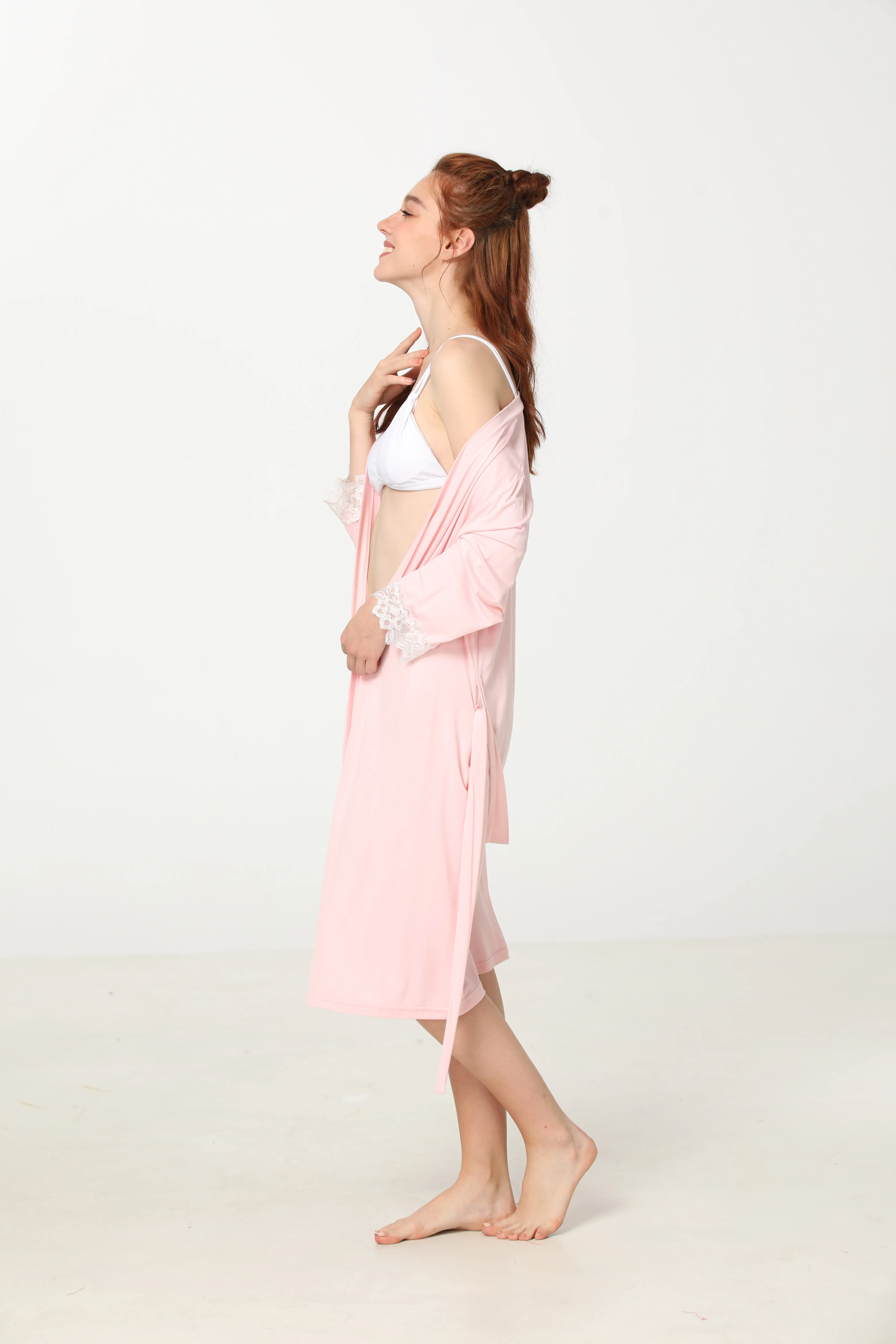 Custom Drop Shoulder Open Front Lounge Viscose Robe With Knit Jersey Lace Bathrobes Women Filles Robes