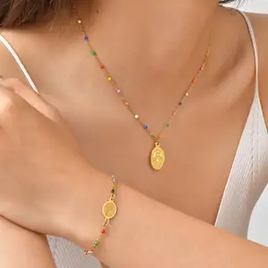 Niche Design Simple Women Colorful Beads Necklace 18k Gold Plated Stainless Steel Oval Pendant Necklace
