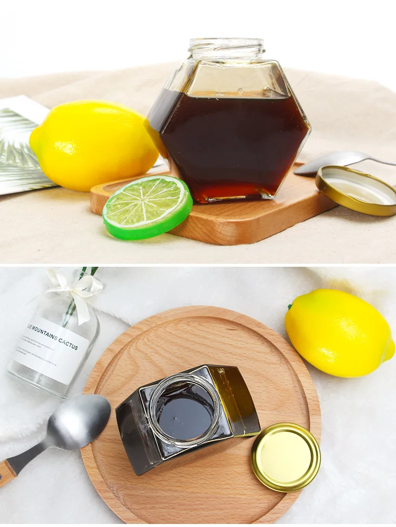 Free Sample 220ml Empty Honey Jars Glass Hexagonal With Metal Lid Honey