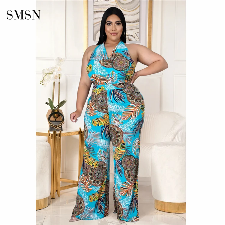 SMSN OSINA New Trendy Tropical Print Backless Halter Jumpsuit Pants Wide Leg Summer Plus Size Women Jumpsuits And Rompers