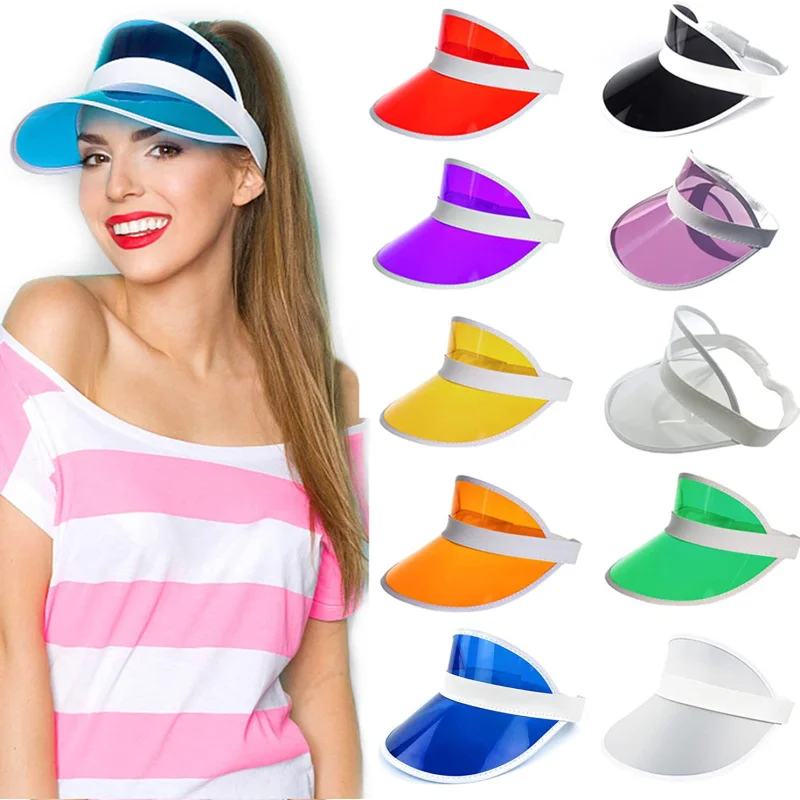 HZM-22129 изготовленным на заказ логосом печати унисекс ярких цветов Солнцезащитные Козырьки Шляпы из прозрачного пластика; УФ Защитный колпачок для спортивных мероприятий свежем