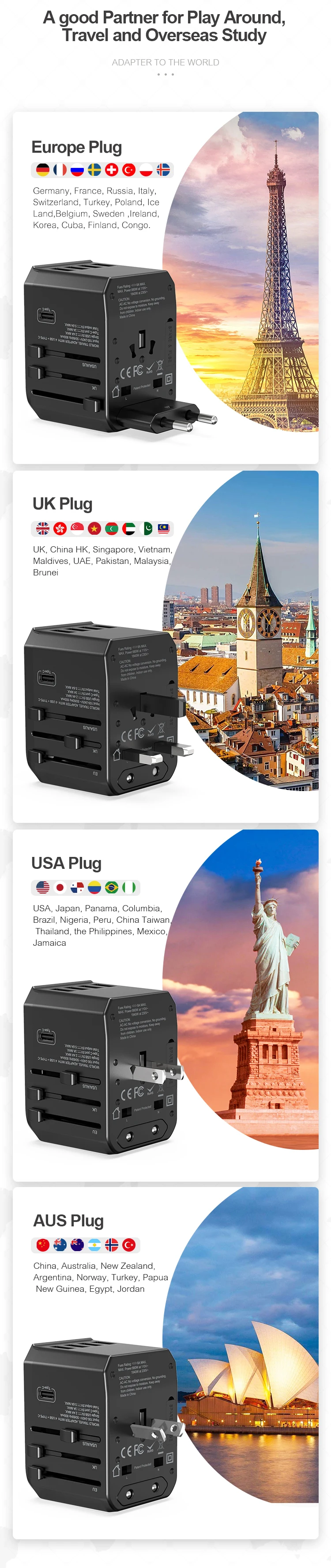 Wontravel Newest Product 4 USB Charger Travel Adaptor Universal Adapter International Travel Adapter with Type-C