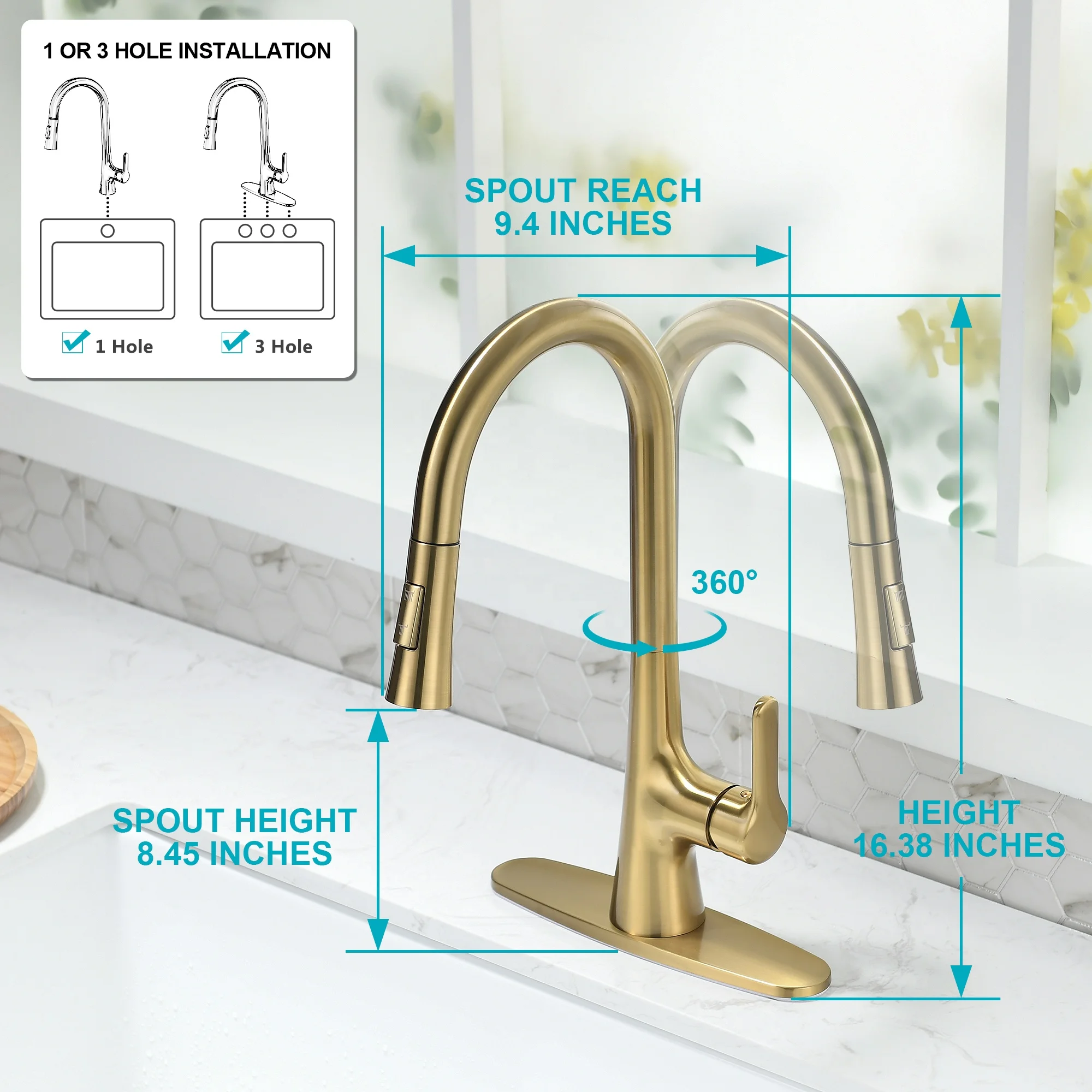 Luxury Brushed Gold Pull Down Kitchen Faucet 16.38 High Arc Customizable Material & Valve Core OEM Brand Solutions