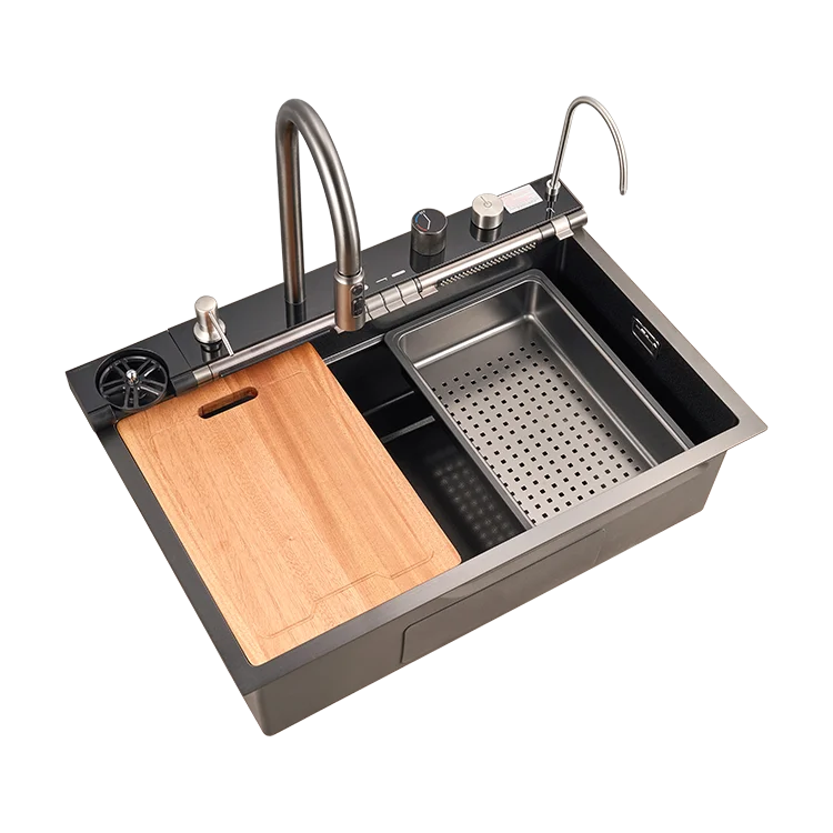 Two Waterfall &  Single-Bowl  Sink Handmade Stainless Steel Durable Scratch-Resistant Smart Kitchen Sink details