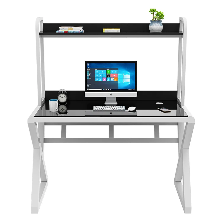 Amazon Горячая продажа закаленное стекло Настольный ПК игровой стол письменный компьютерный стол для гостиной с книжной полкой