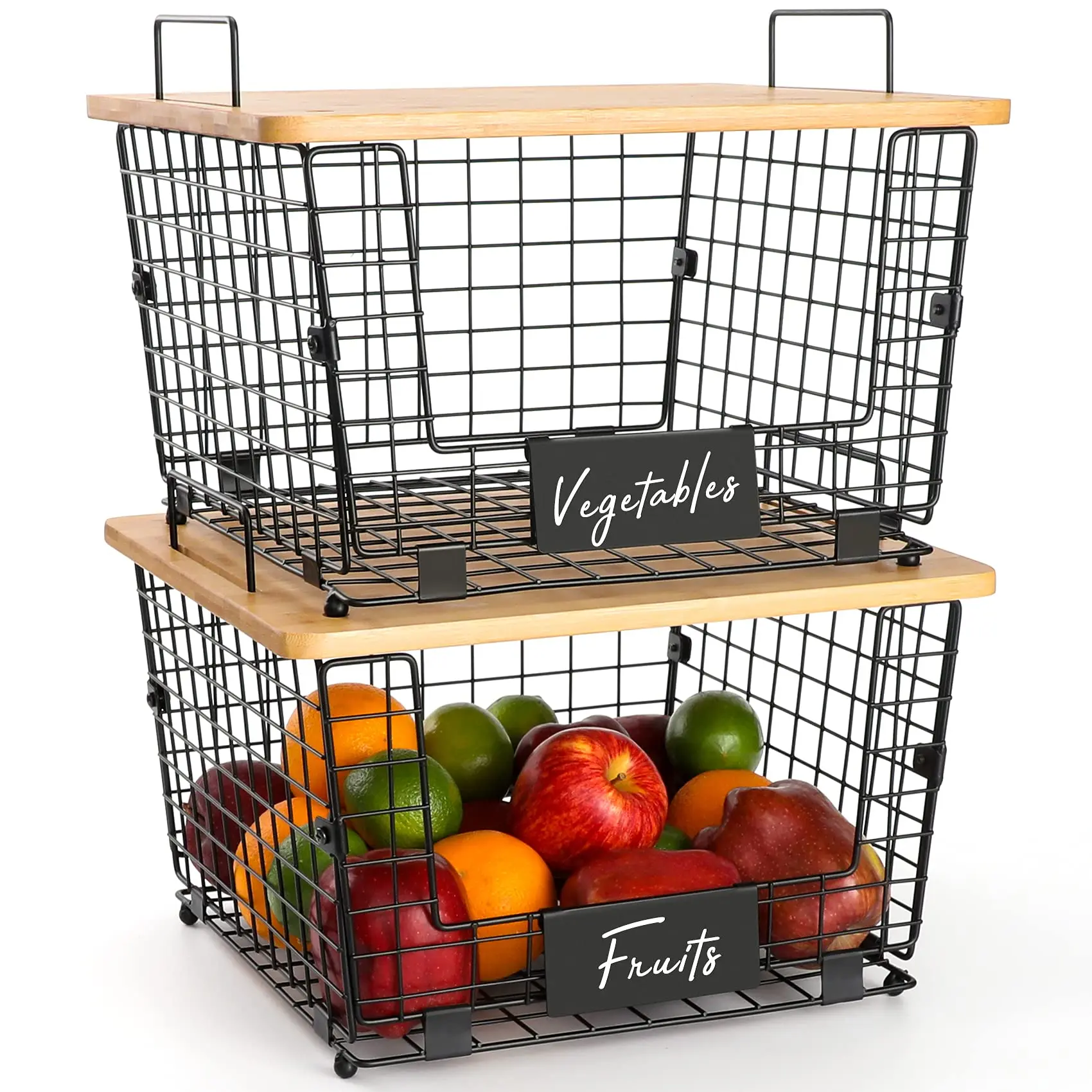 Kitchen Countertop Organizer Foldable Wire Fruit Basket Stackable Folding Storage Baskets With Wood Lid