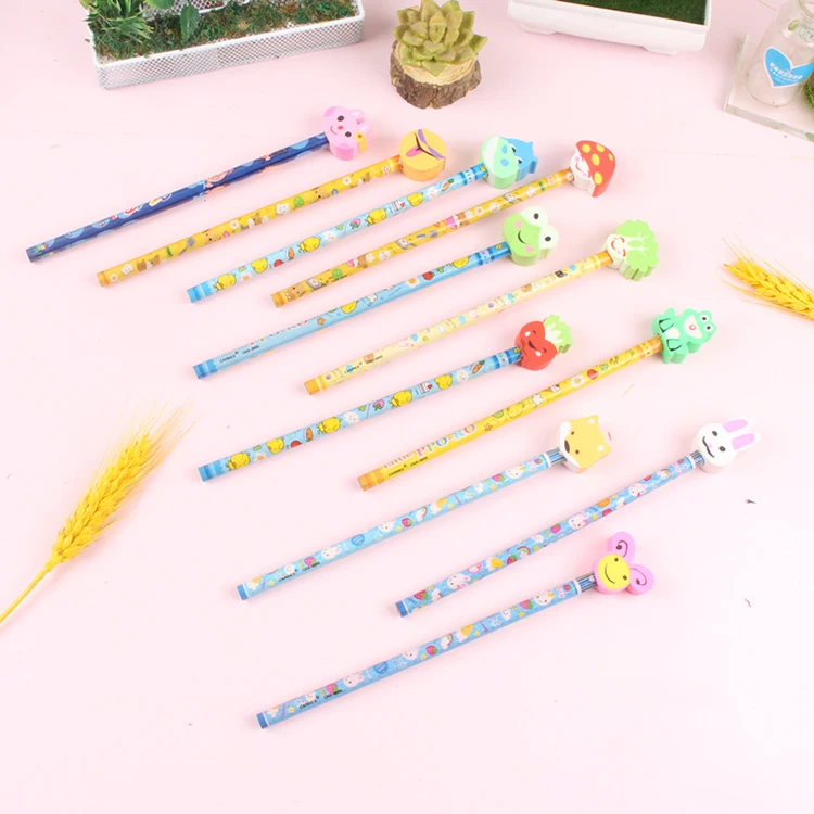 Low Moq Custom Engraved Printed Round Wooden Pencil With Animal Eraser Kawaii Kids Fancy Cartoon Pencils Sets for Children